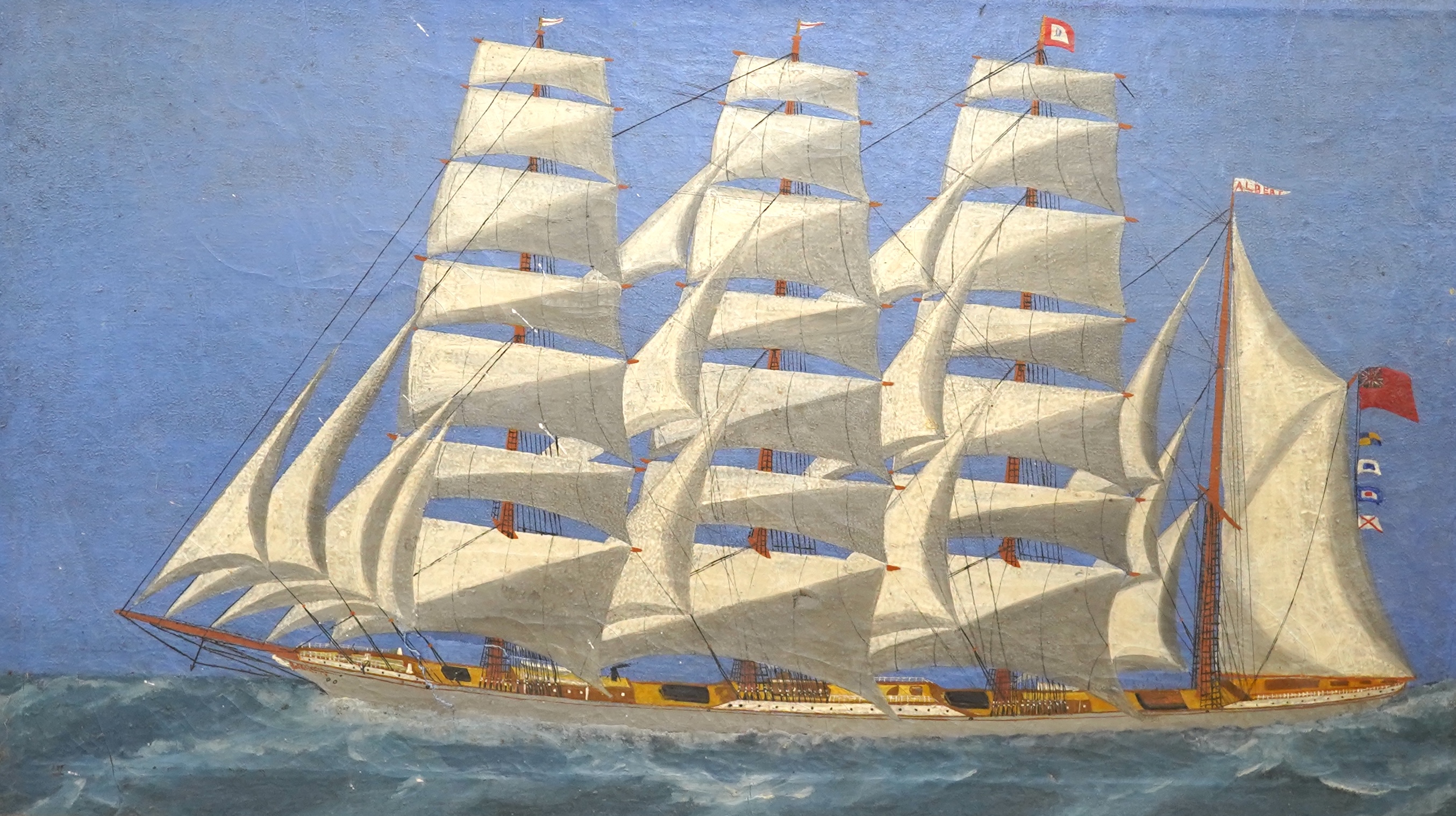 Early 20th century, Naive school, oil on canvas, Study of a ship at full sail 'Albert', 35 x 60cm. Condition - poor